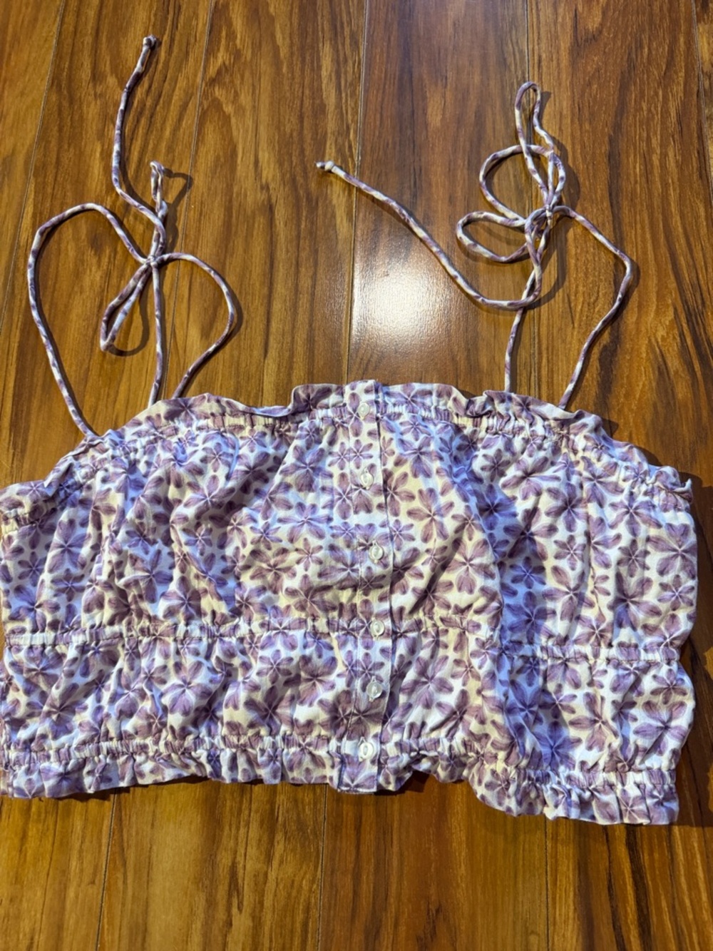 aerie Purple Floral Button-Front Smocked Crop Top
